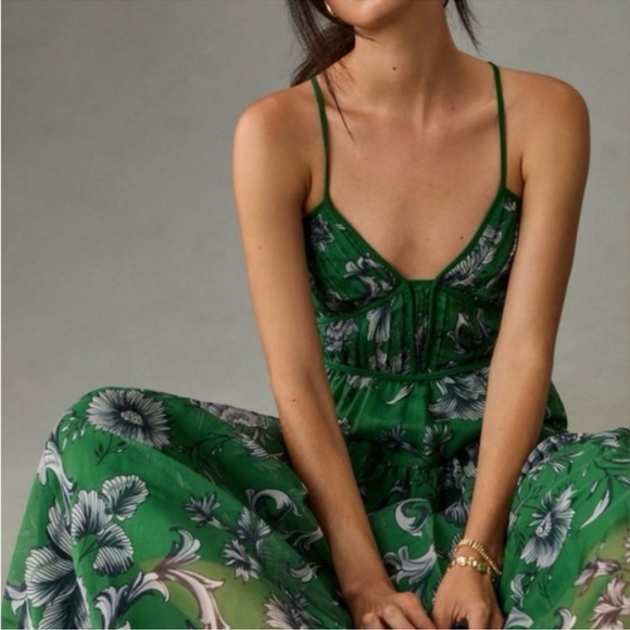 NWOT Anthropologie Penny Dress Size Medium Green Floral Dress Midi - Picture 2 of 10